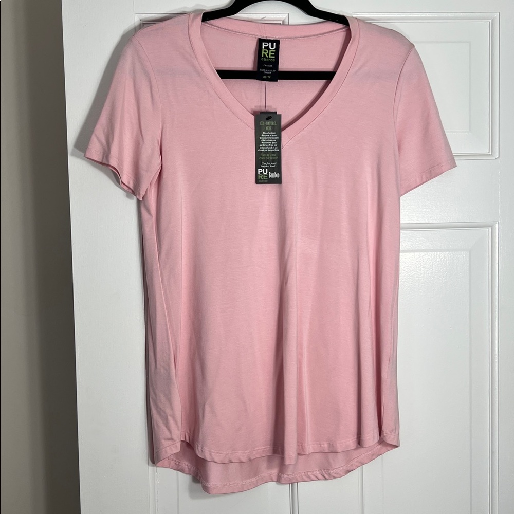 NEW Pure Essence Bamboo Pink V-Neck Short Sleeve T-Shirt, Eco, breathable, sz XS
